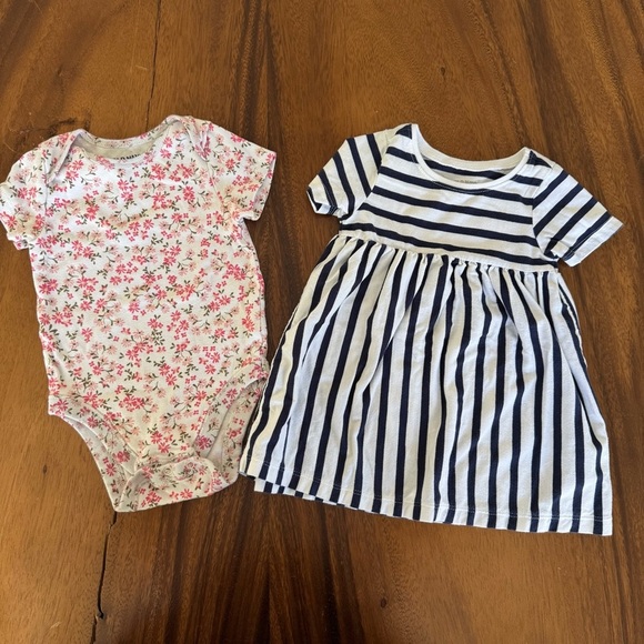 Old Navy Bundle of 2 Striped Dress and Floral Onesie Size 6-12M - Picture 1 of 4